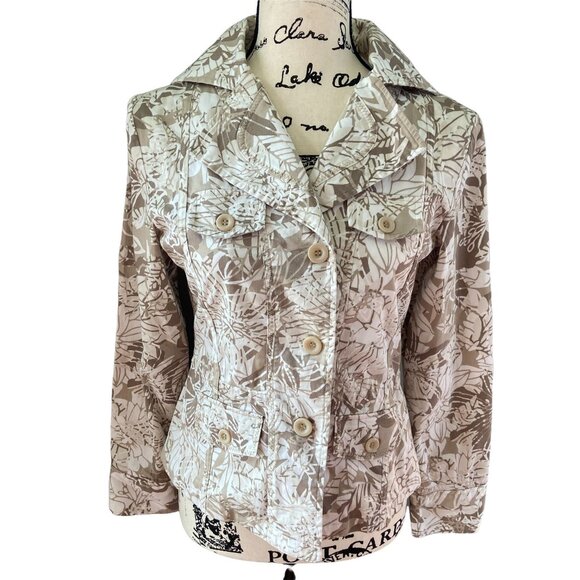 Chico's Women's Jacket Size 0 US Small 4 Leaf Pattern Taupe Brown Stretch Cotton - Picture 1 of 12